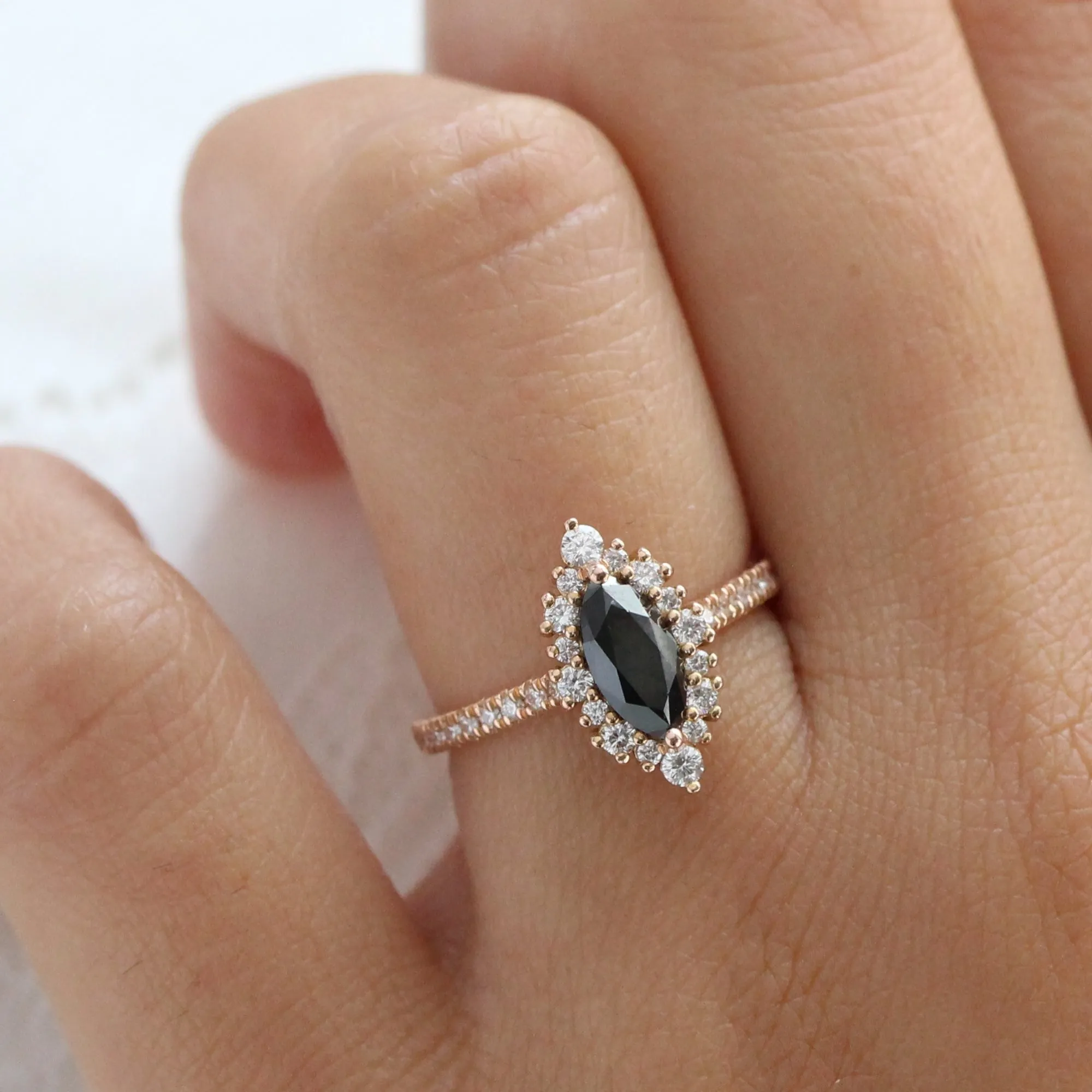 Marquise Black Diamond Ring in Tiara Halo Pave Band