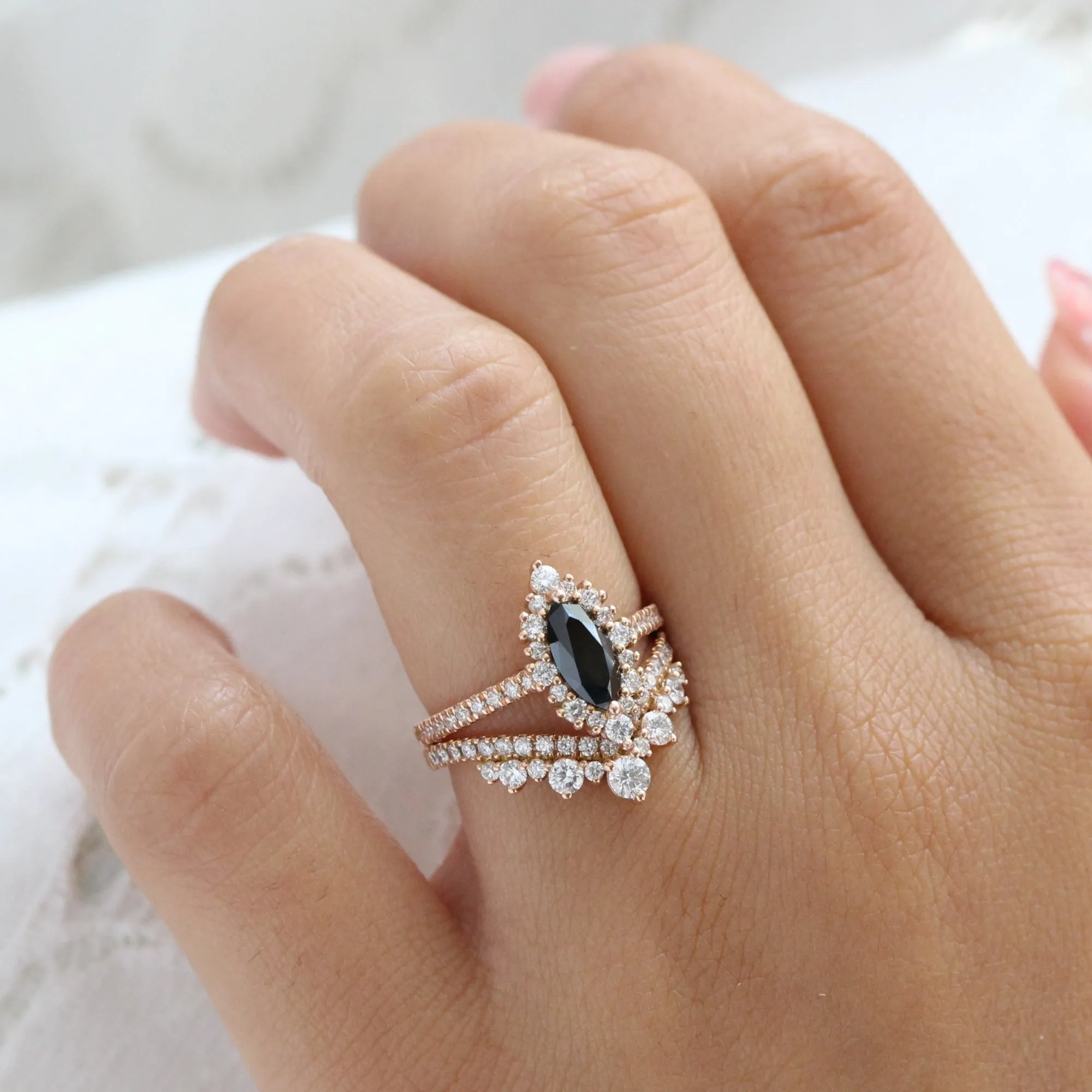 Marquise Black Diamond Ring in Tiara Halo Pave Band