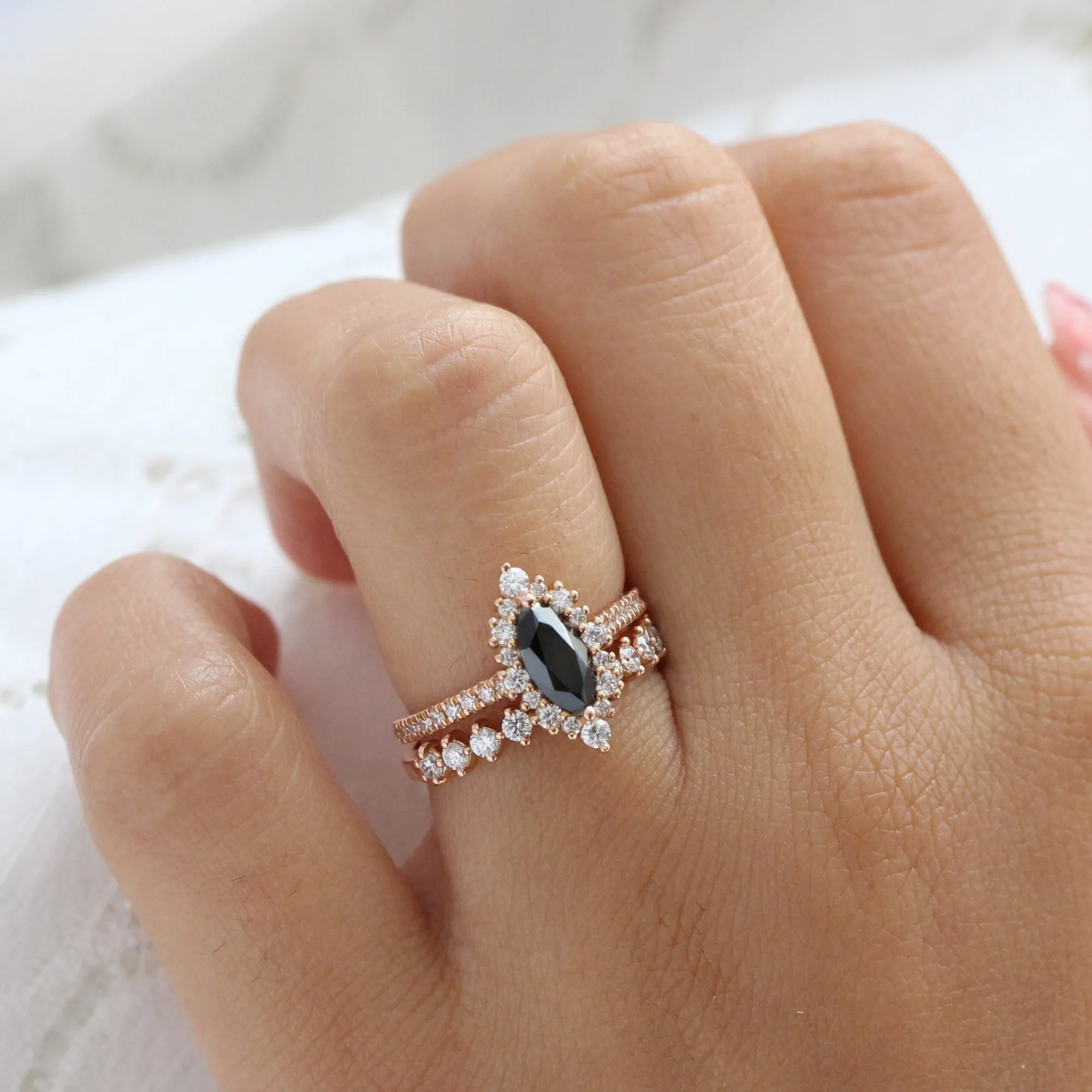 Marquise Black Diamond Ring in Tiara Halo Pave Band