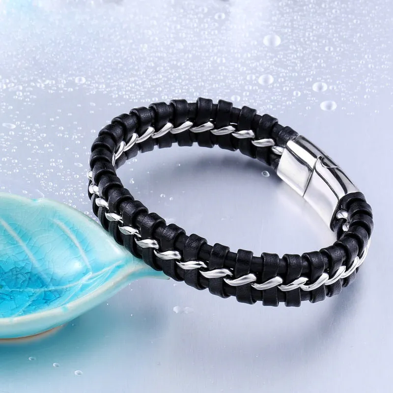 Men's Ethnic Style Retro Black Woven Leather and Stainless Steel Bracelet