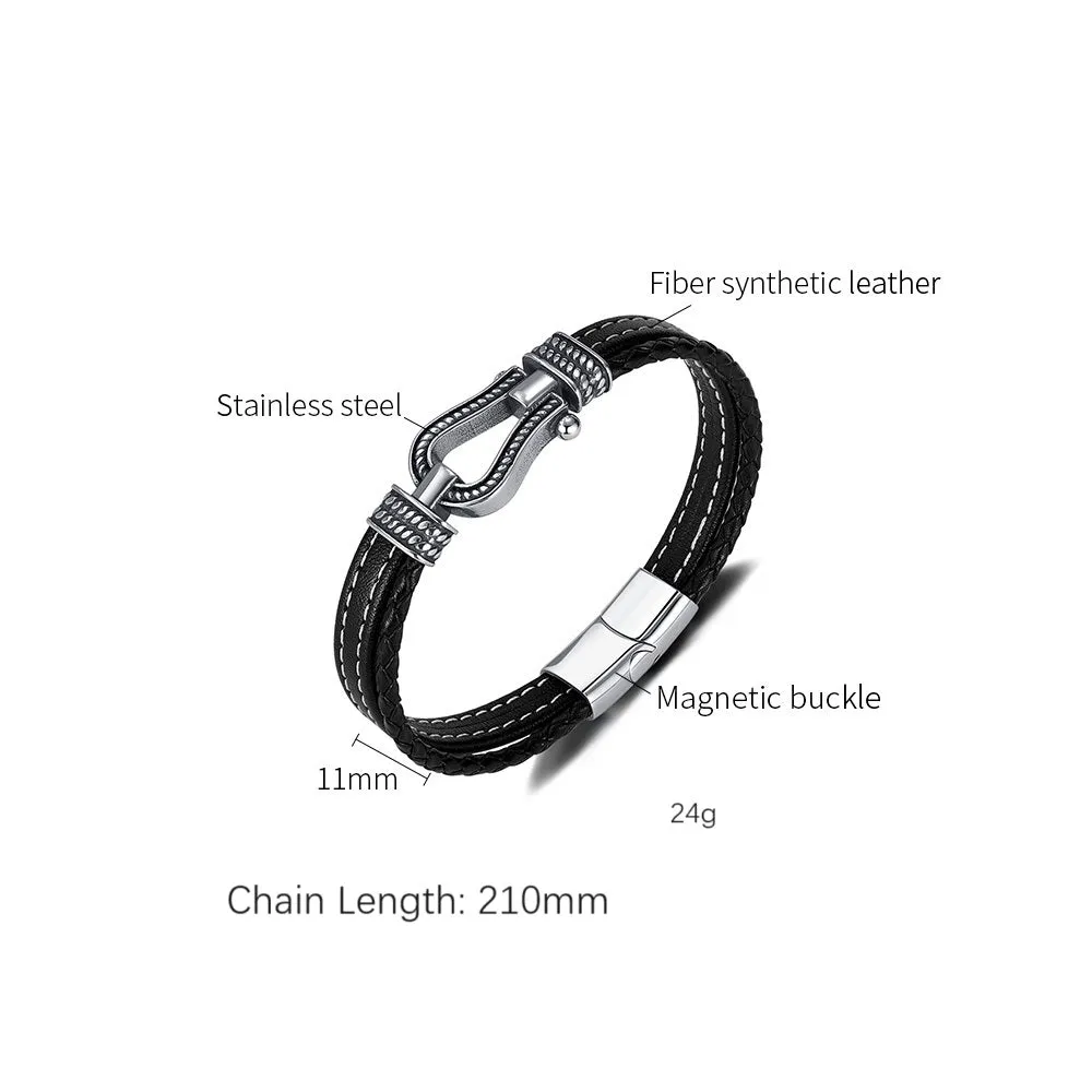 Men's Nautical Leather Bracelet with Stainless Steel Carabiner Clasp - Adventurous and Rugged Accessory