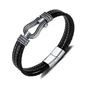 Men's Nautical Leather Bracelet with Stainless Steel Carabiner Clasp - Adventurous and Rugged Accessory