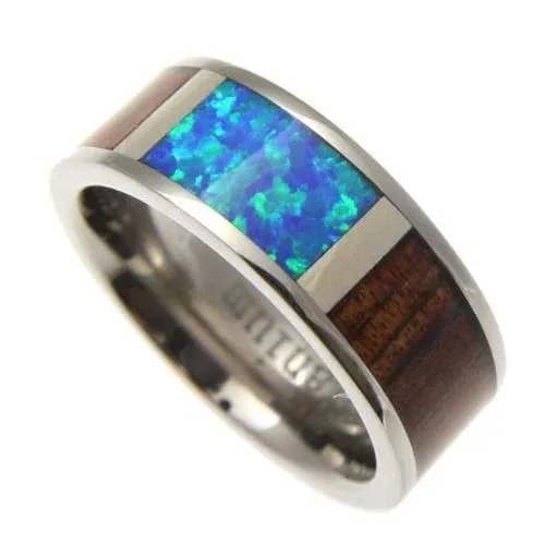 Mens Titanium Band Genuine Hawaiian Koa Wood Inlay Opal Comfort Fit Ring - 8mm