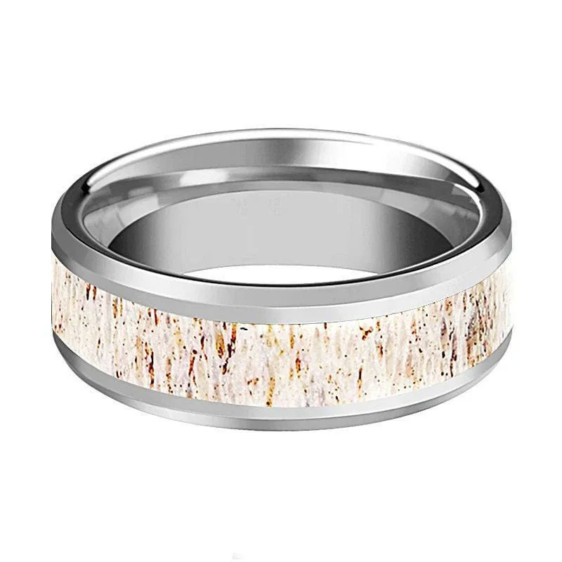 Men's White Deer Antler Inlay Tungsten Wedding Band Beveled Polish Finish - 8mm