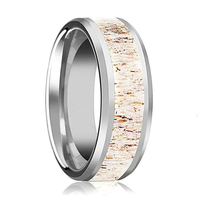 Men's White Deer Antler Inlay Tungsten Wedding Band Beveled Polish Finish - 8mm