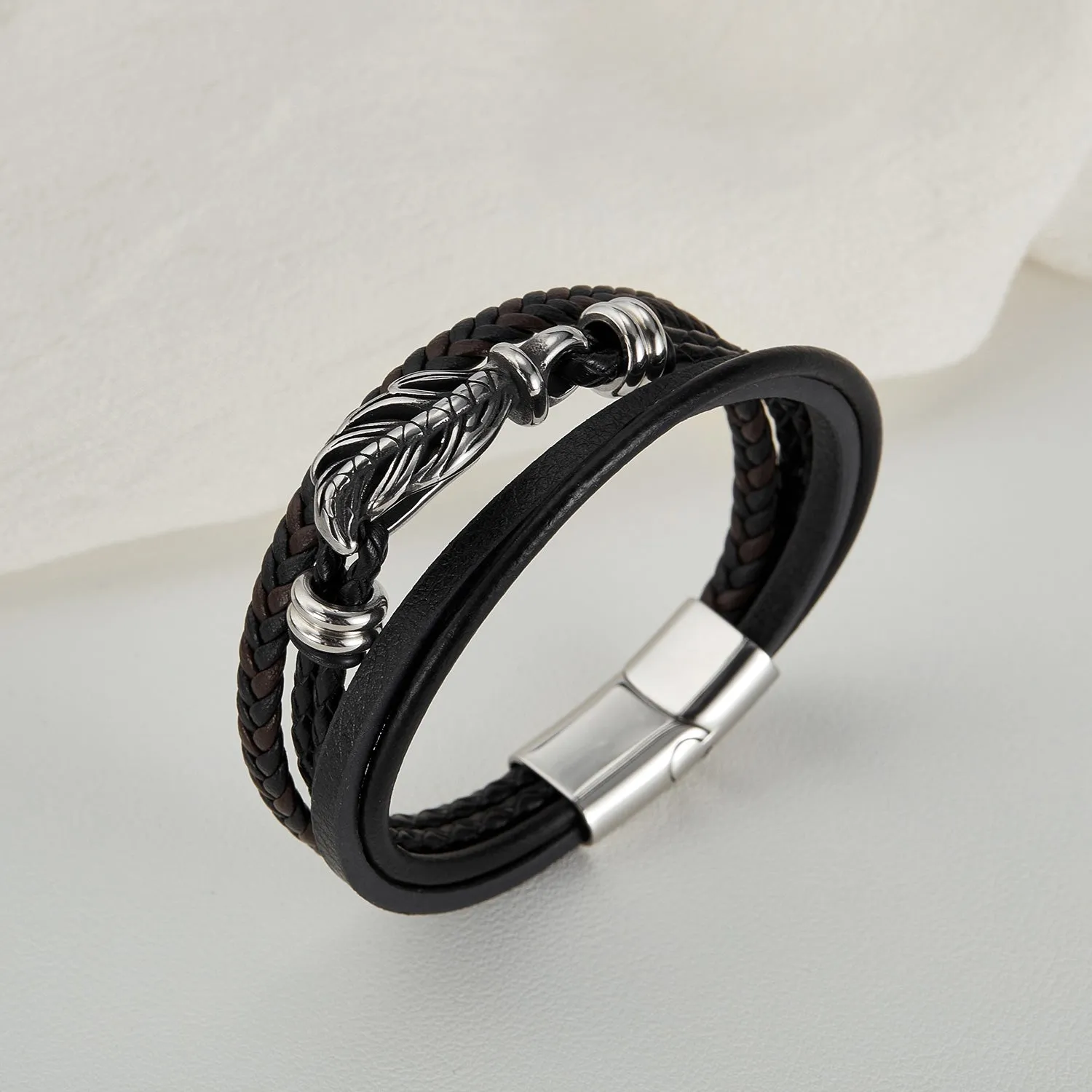 Men's Woven Leather Bracelet with Stainless Steel Dragon Clasp - Durable and Fashion-Forward Accessory