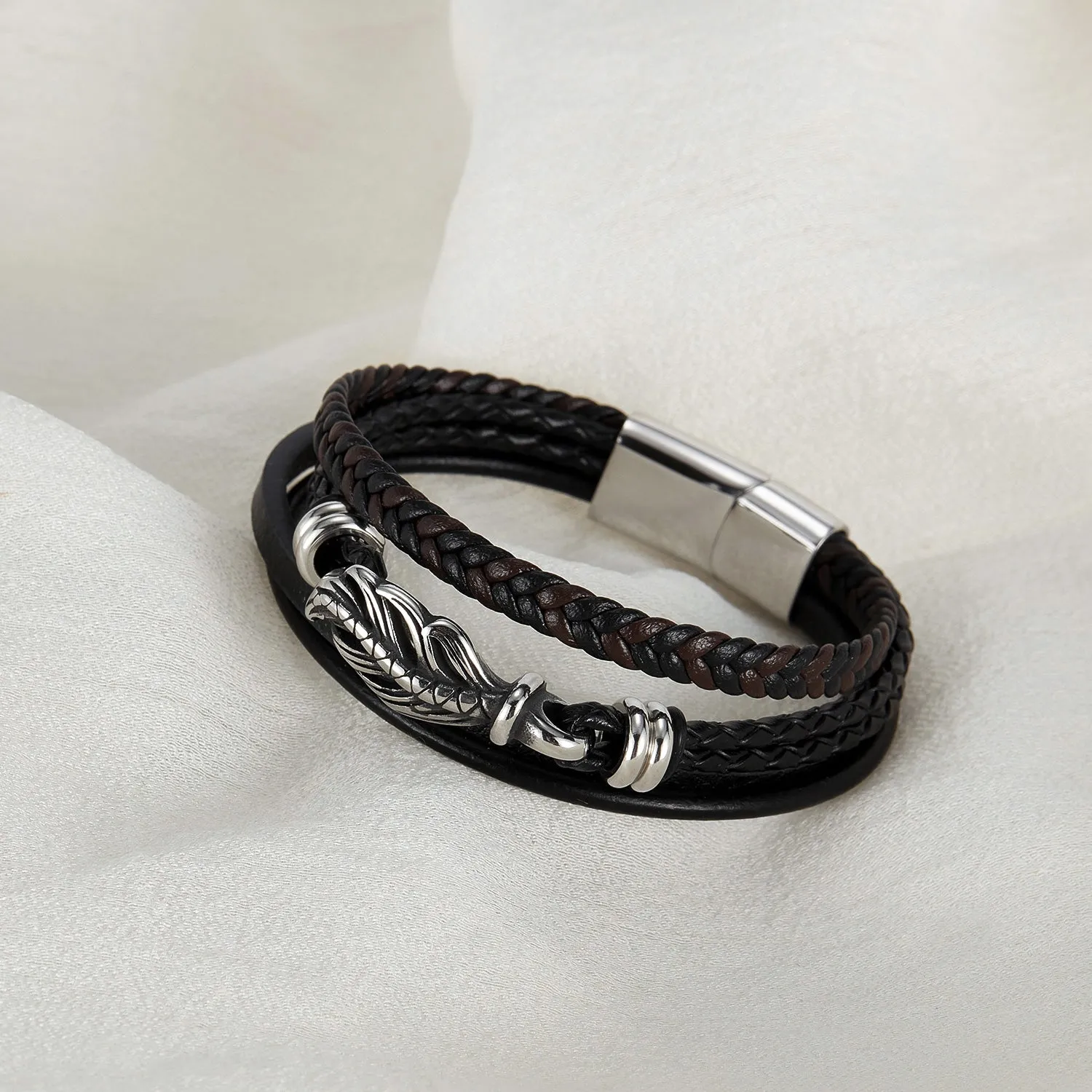 Men's Woven Leather Bracelet with Stainless Steel Dragon Clasp - Durable and Fashion-Forward Accessory