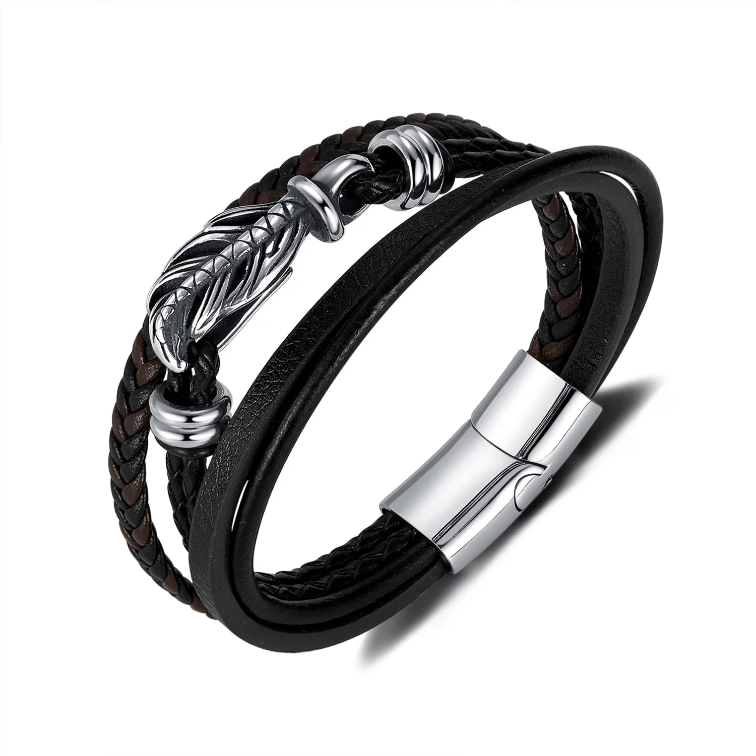 Men's Woven Leather Bracelet with Stainless Steel Dragon Clasp - Durable and Fashion-Forward Accessory