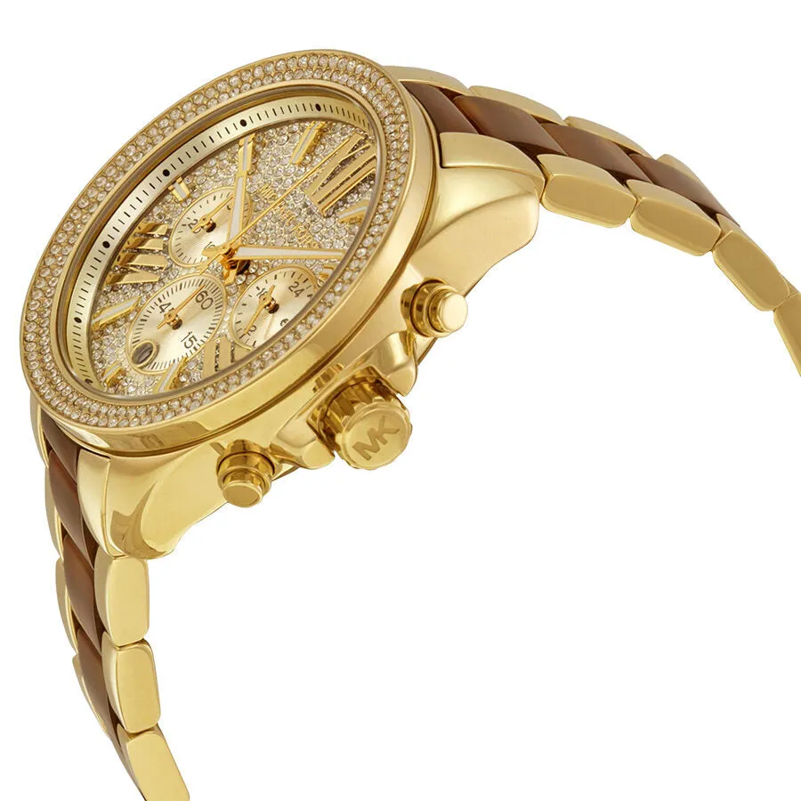 Michael Kors Wren Crystal Pave Dial Chronograph Gold-Tone and Amber Tortoise Acetate Ladies Watch MK6294