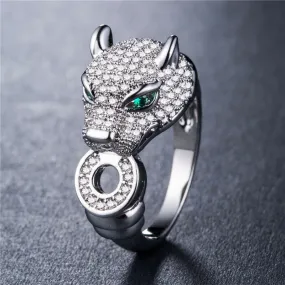 Micro Pave CZ Panther Emerald Eyes Ring