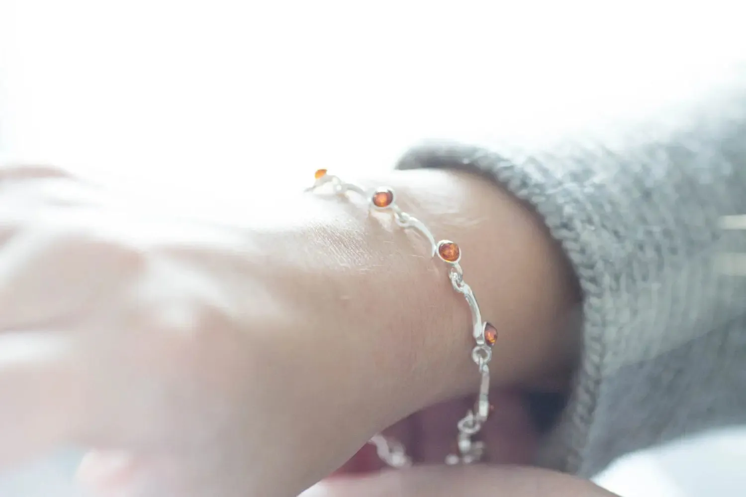 Minimal Cognac Amber Bracelet - Elegant Sterling Silver Bracelet with Radiant Baltic Amber Gemstones