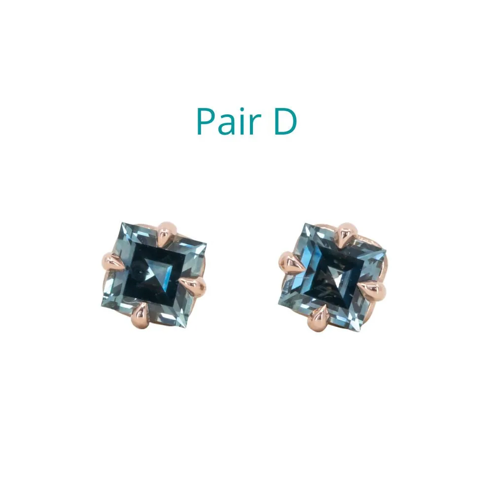 Montana Sapphire Carre Cut Stud Earrings in 14k Yellow and Rose Gold