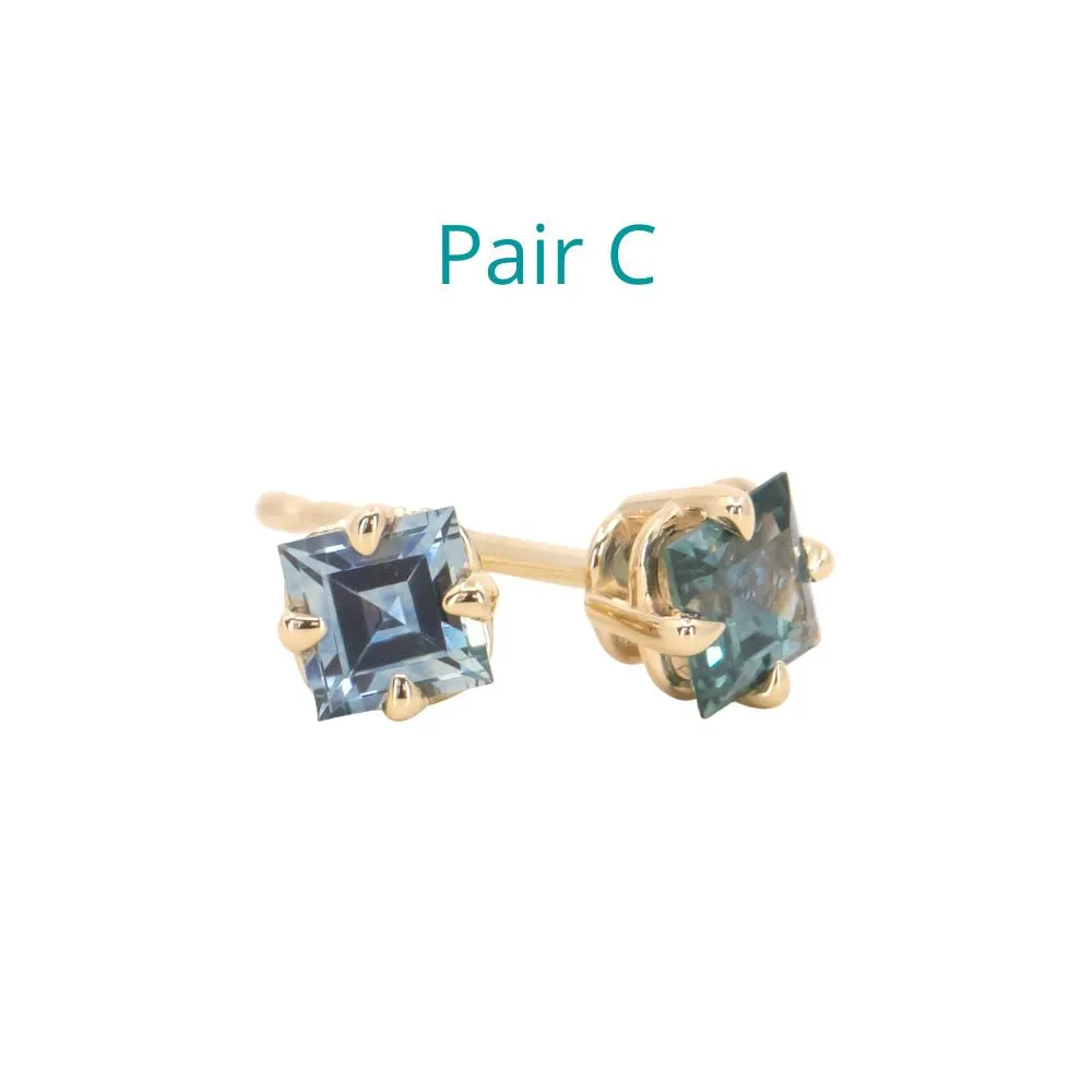 Montana Sapphire Carre Cut Stud Earrings in 14k Yellow and Rose Gold