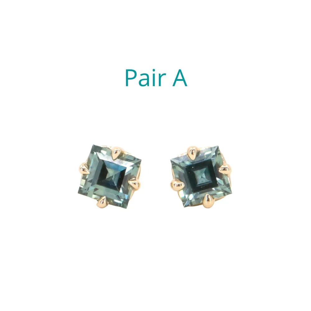 Montana Sapphire Carre Cut Stud Earrings in 14k Yellow and Rose Gold