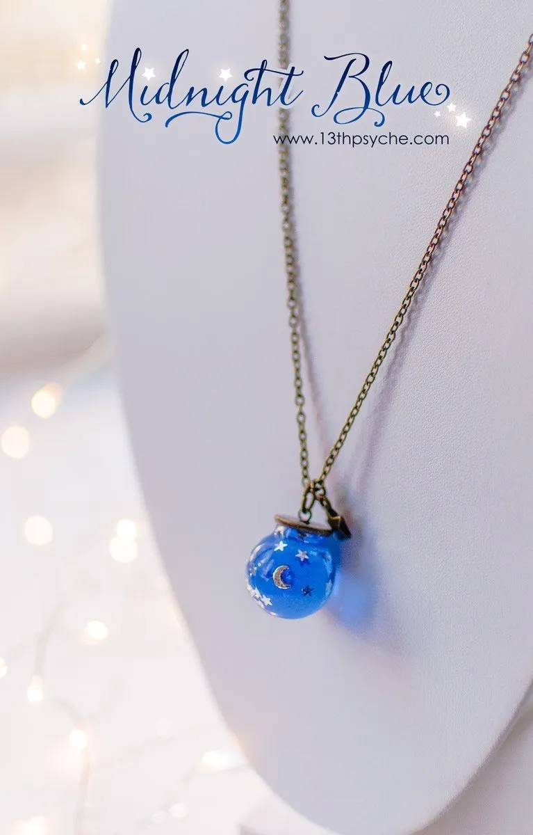 Moon and stars blue sphere necklace