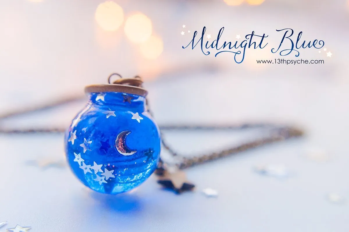 Moon and stars blue sphere necklace