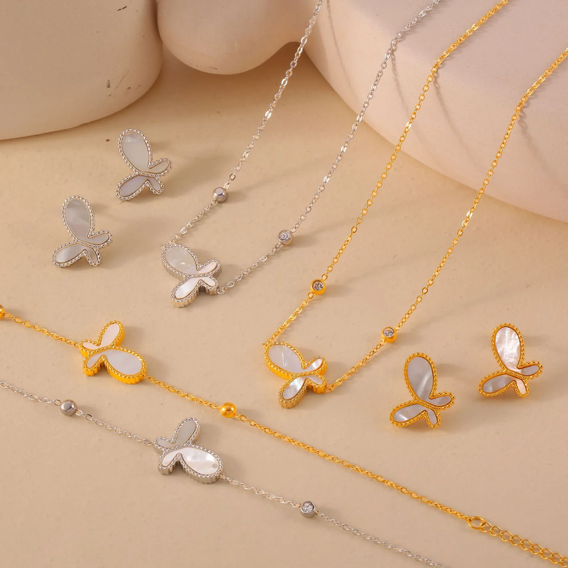 Mother of Pearl Butterfly Necklace Bracelet Earrings Set