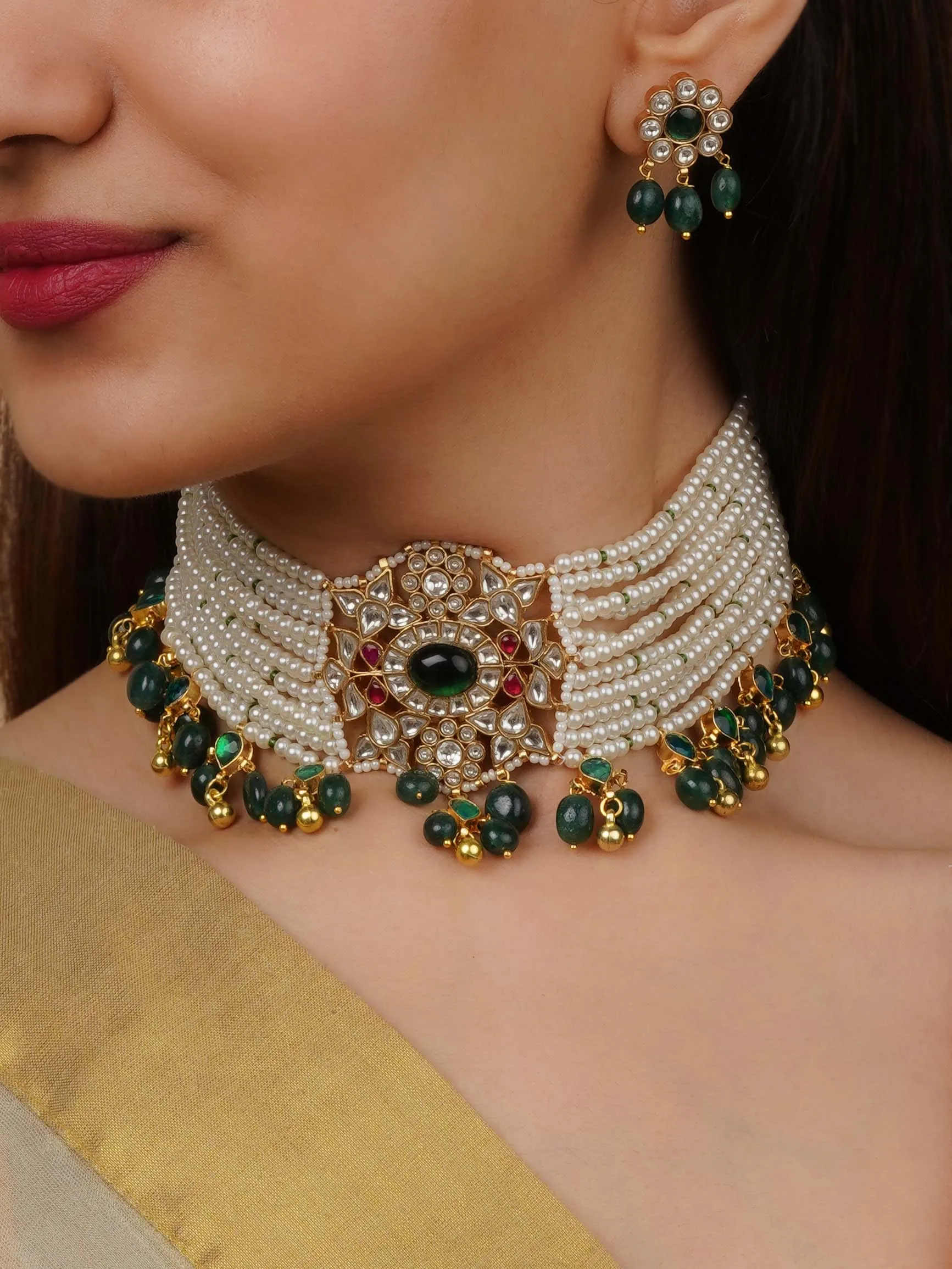 Multicolor Gold Plated Thappa Jadau Kundan Bridal Necklace Set - TJ-S148M