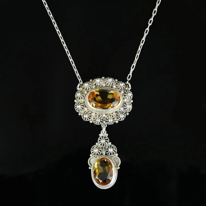 Natural Citrine Antique Victorian Necklace For Women - 925 Sterling Silver Pendant