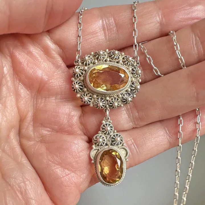 Natural Citrine Antique Victorian Necklace For Women - 925 Sterling Silver Pendant