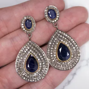 NATURAL DIAMOND SAPPHIRE EARRINGS STATEMENT DROP DANGLE PEAR TEARDROP BLUE BIG