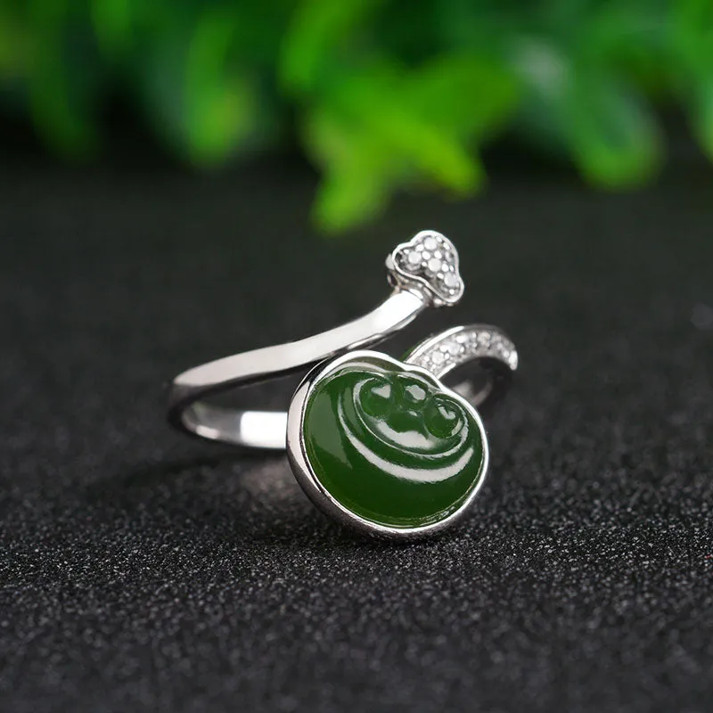 Natural Jade Ring Nephrite Silver Zircon Ruyi Adjustable Ring ZNRG107