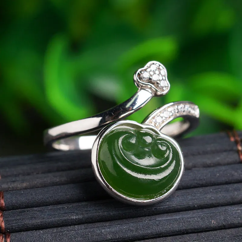 Natural Jade Ring Nephrite Silver Zircon Ruyi Adjustable Ring ZNRG107