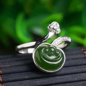 Natural Jade Ring Nephrite Silver Zircon Ruyi Adjustable Ring ZNRG107