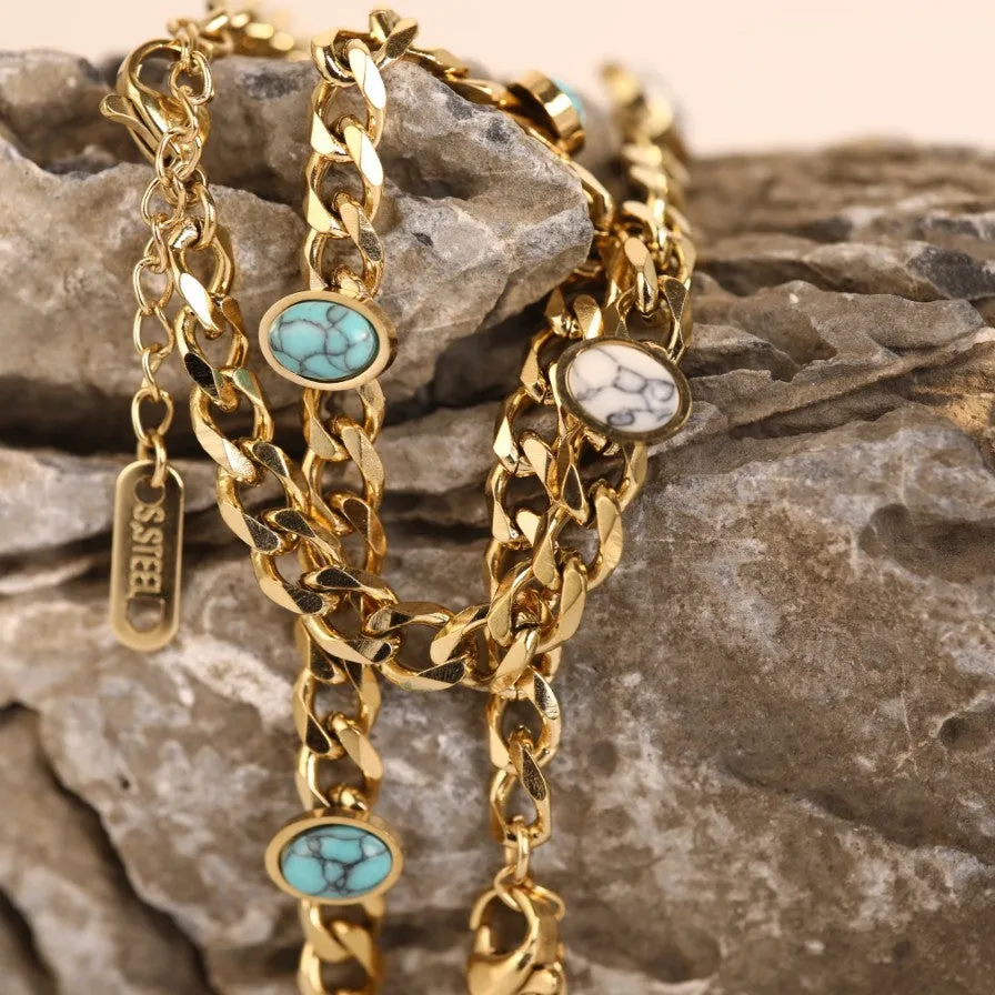 Natural Stone Oval Turquoise Cuban Chain Bracelet