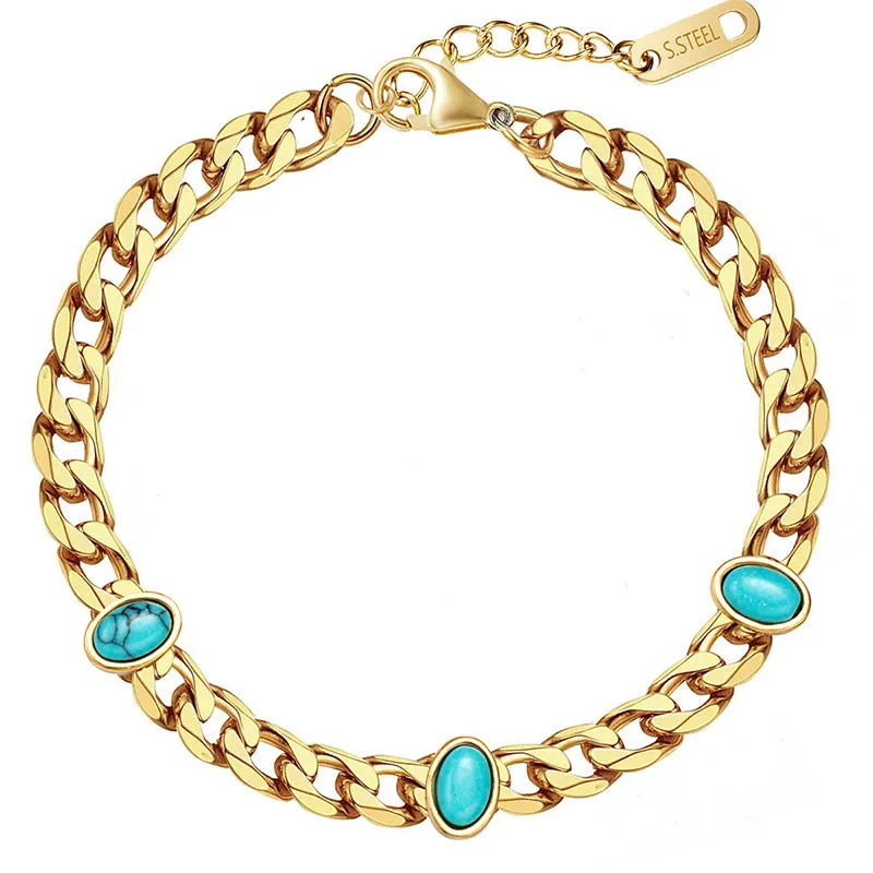 Natural Stone Oval Turquoise Cuban Chain Bracelet