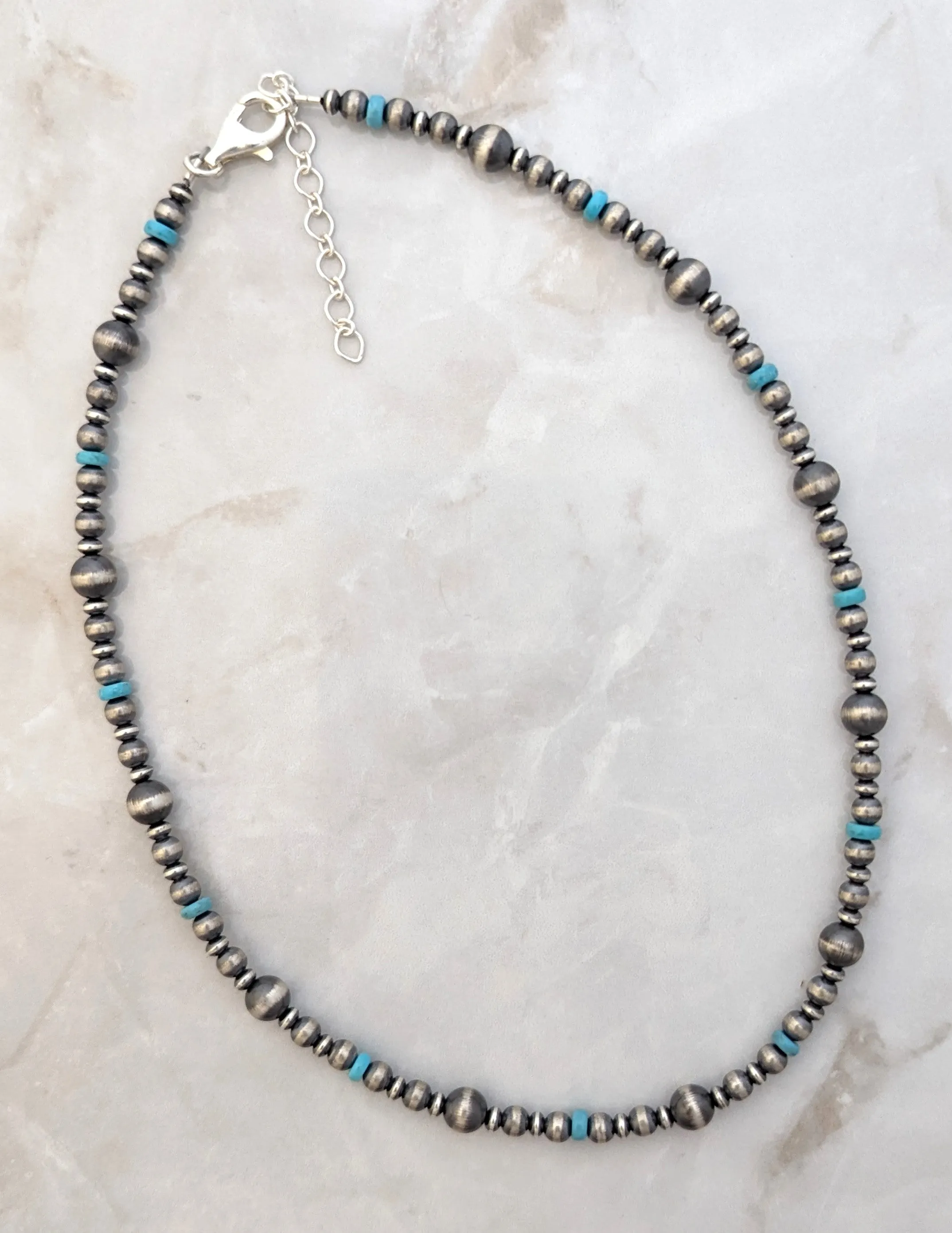 Navajo Pearls & Blue Turquoise Mixed Bead Necklace Sterling Silver