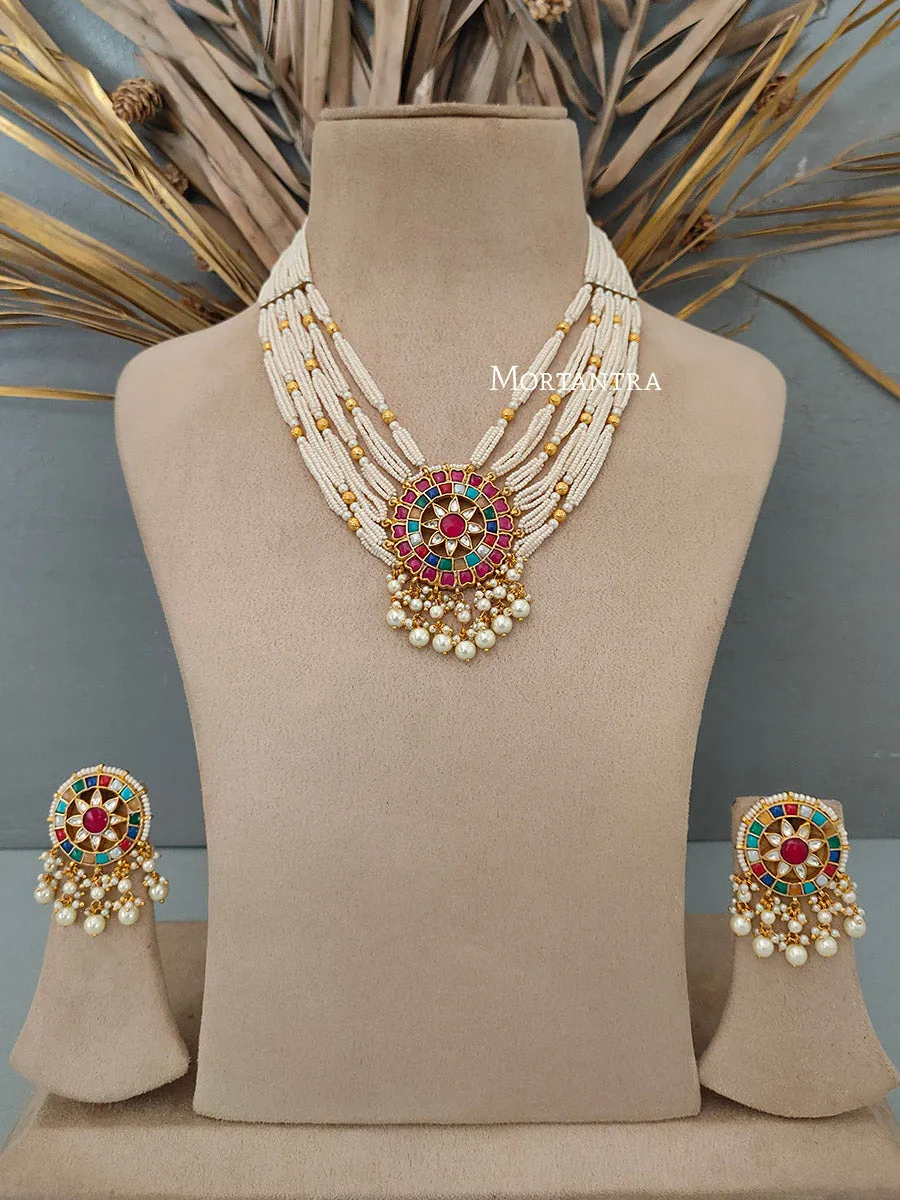 Navratna Gold Plated Jadau Kundan Necklace Set - MS1689N