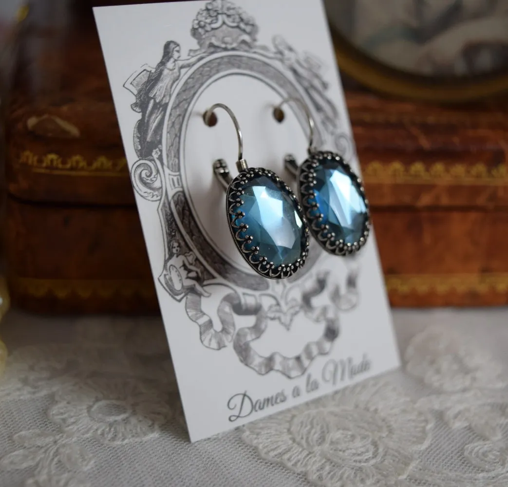 Navy Mirrored Crown Earrings - Large Oval