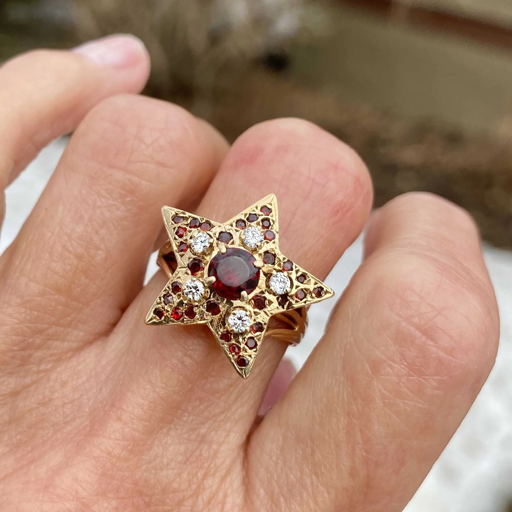 ON HOLD Bold 14K Gold Star Diamond Garnet Ring