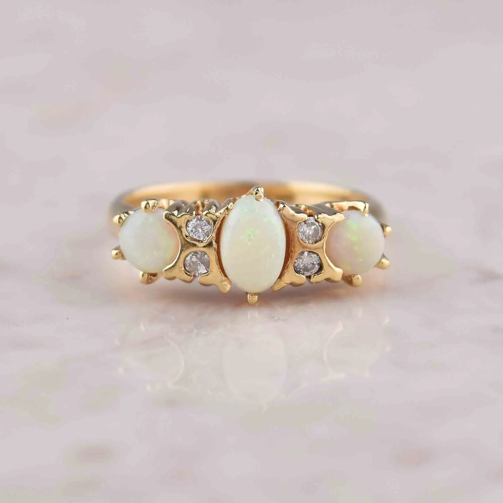 ON HOLD Vintage 14K Gold Diamond & Opal Three Stone Ring