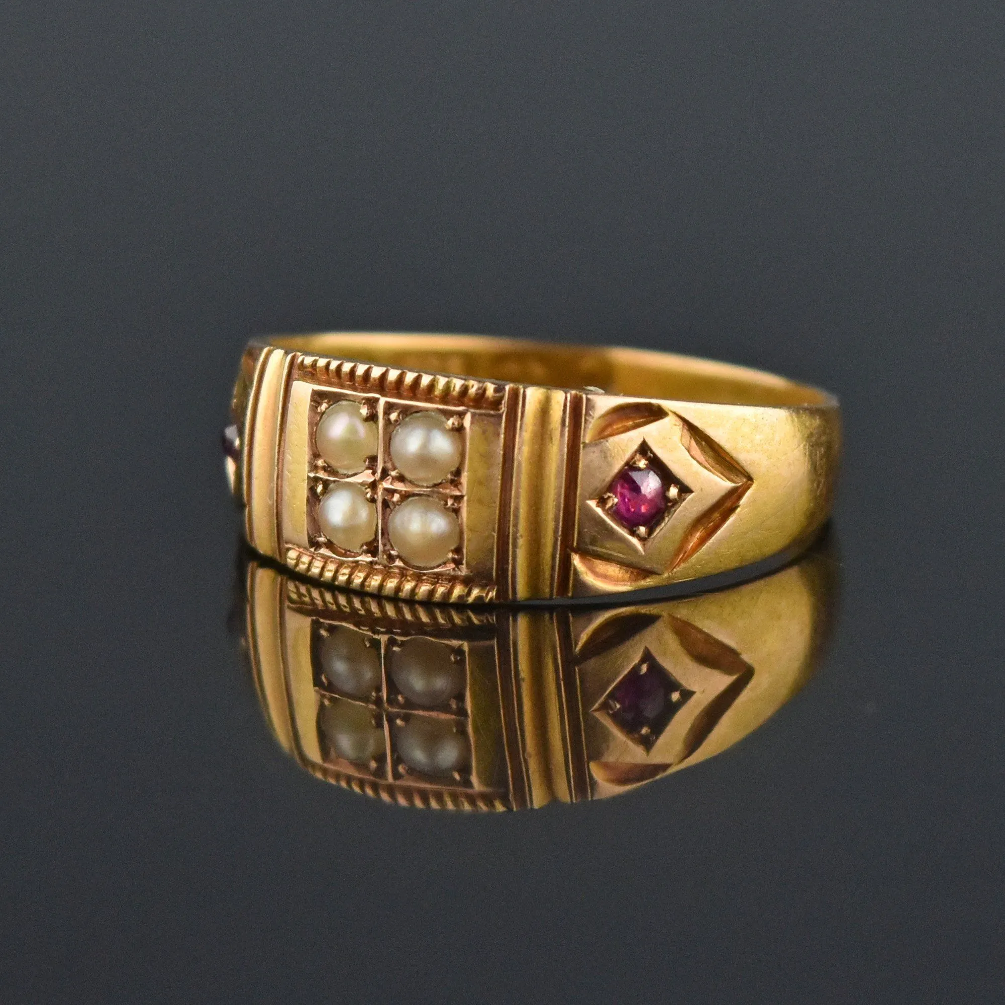 ON LAYAWAY Antique 15K Gold Ruby Pearl Gypsy Band Ring, C 1880s