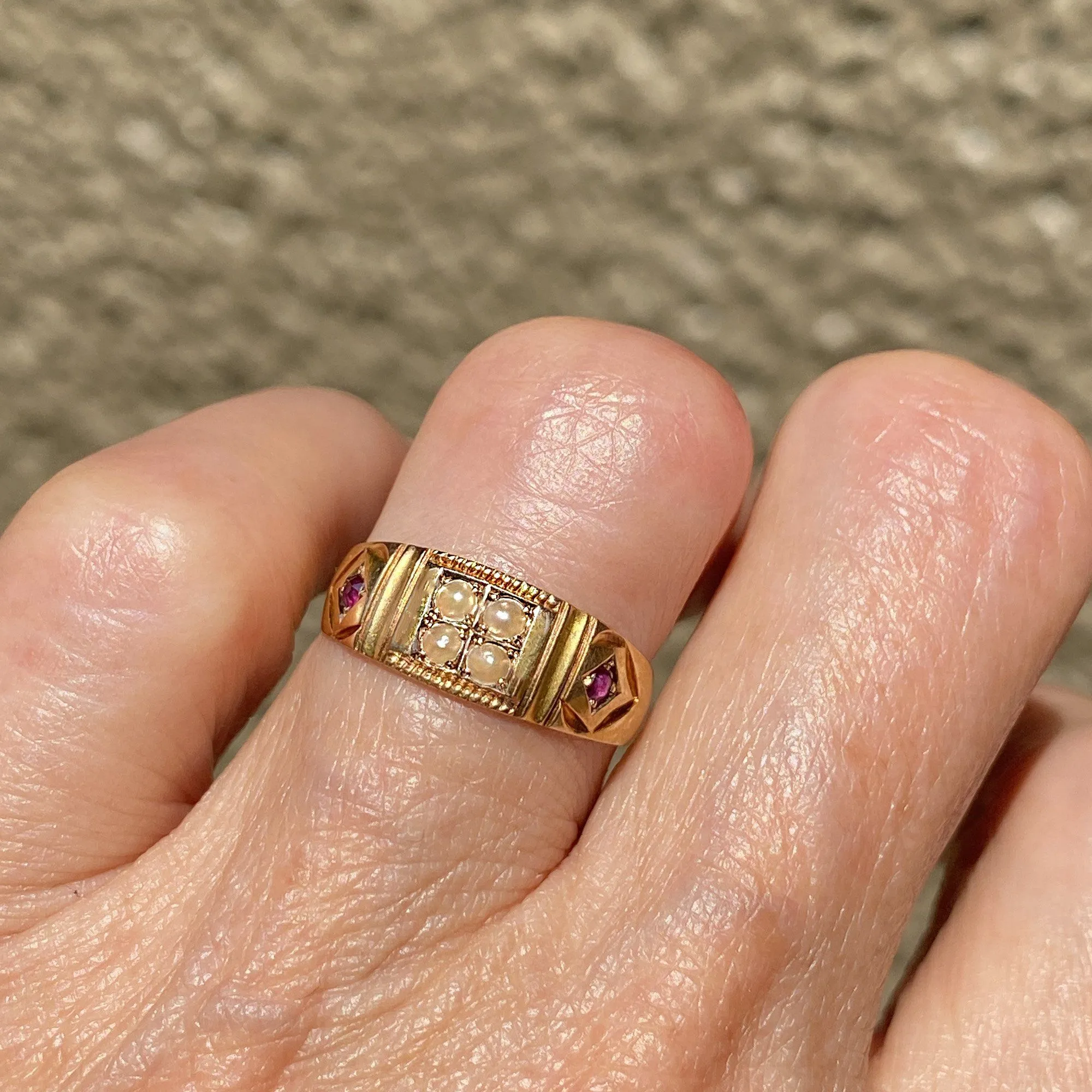 ON LAYAWAY Antique 15K Gold Ruby Pearl Gypsy Band Ring, C 1880s