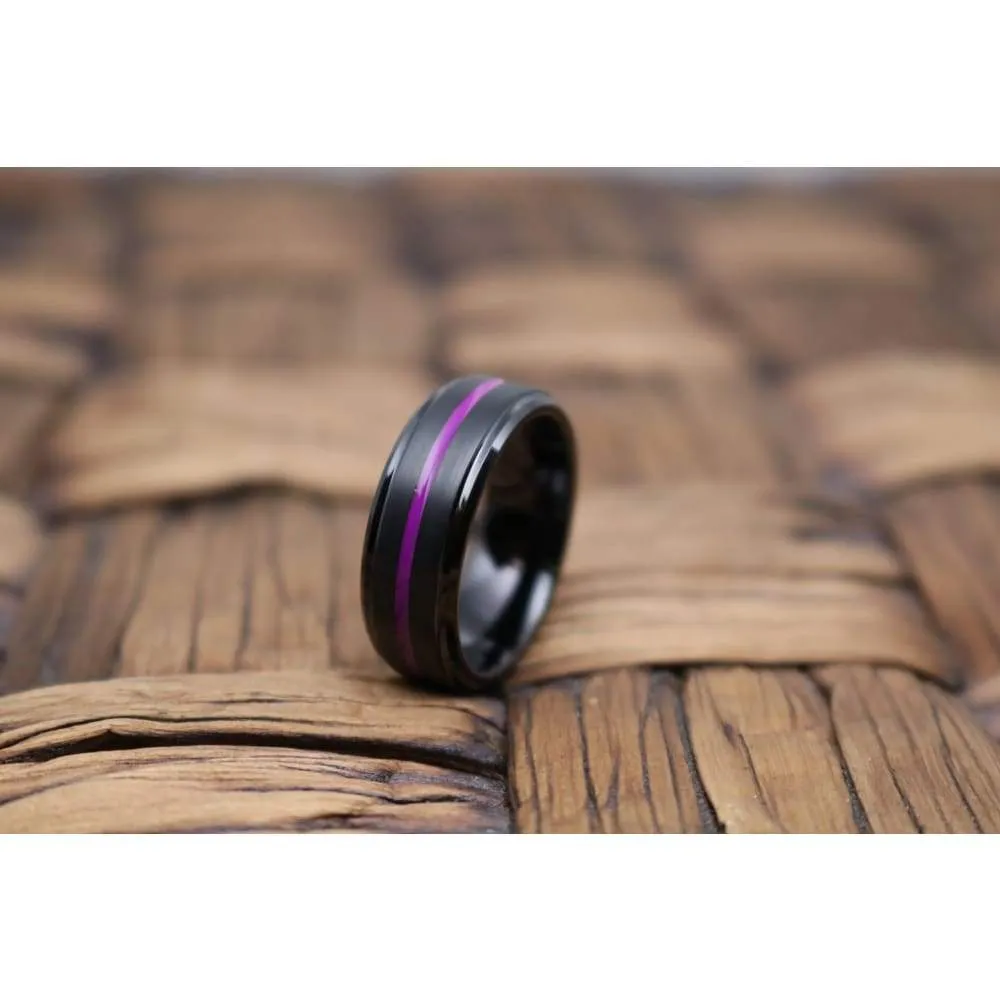 PALLAS Men's Black Tungsten Wedding Band with Thin Purple Grooved Center 8mm