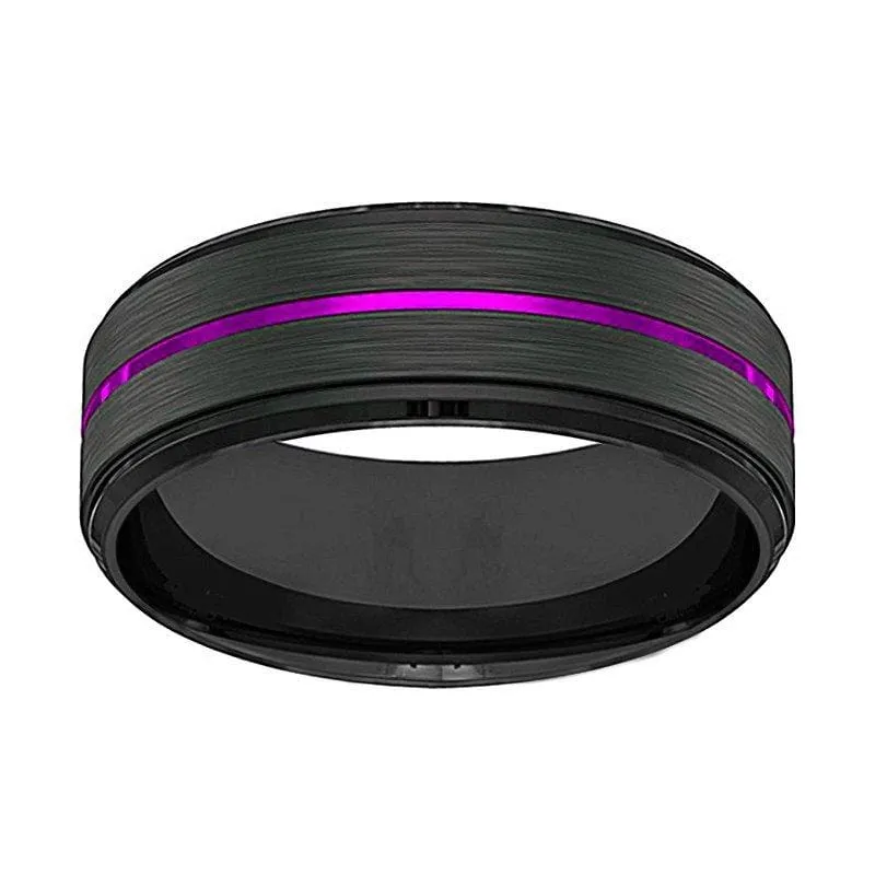 PALLAS Men's Black Tungsten Wedding Band with Thin Purple Grooved Center 8mm