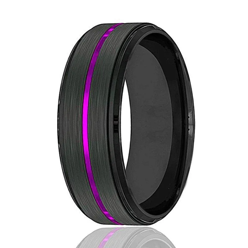 PALLAS Men's Black Tungsten Wedding Band with Thin Purple Grooved Center 8mm