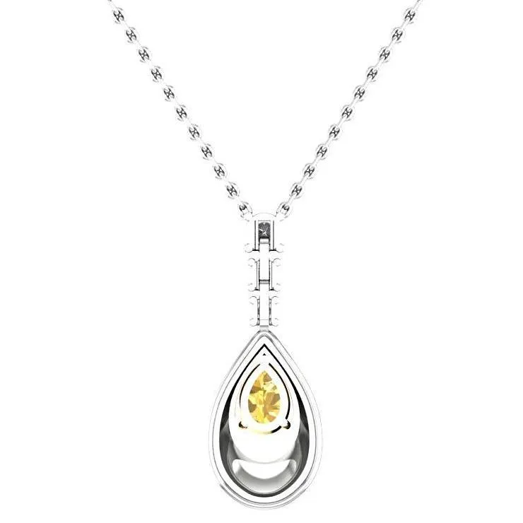 Pear Citrine Diamond Pendant Necklace 18K White Gold