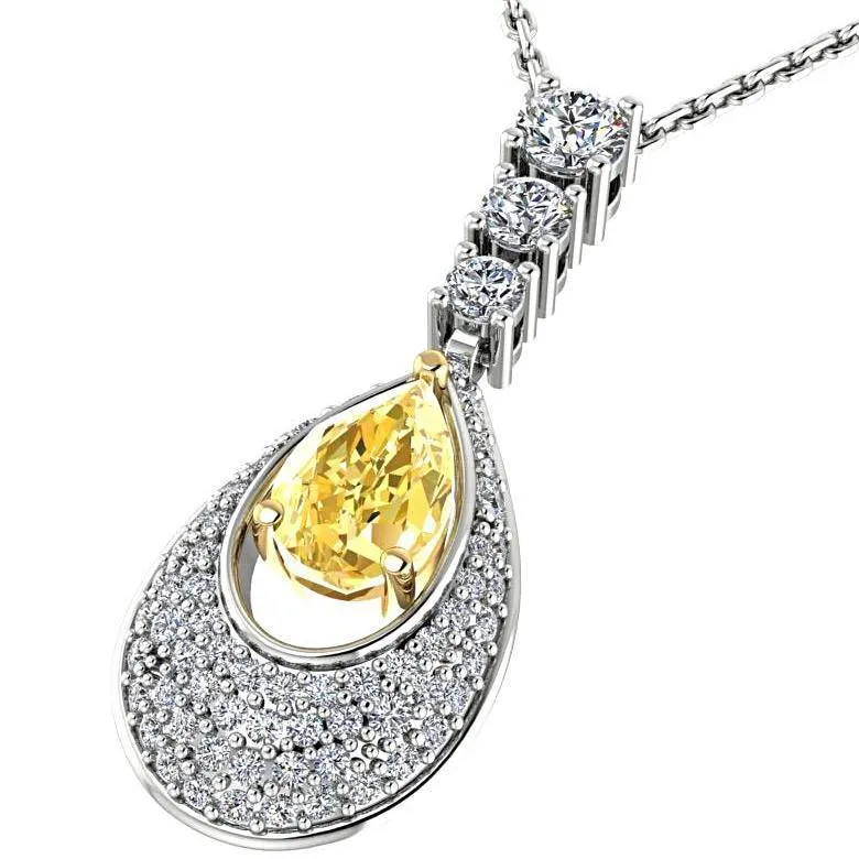 Pear Citrine Diamond Pendant Necklace 18K White Gold