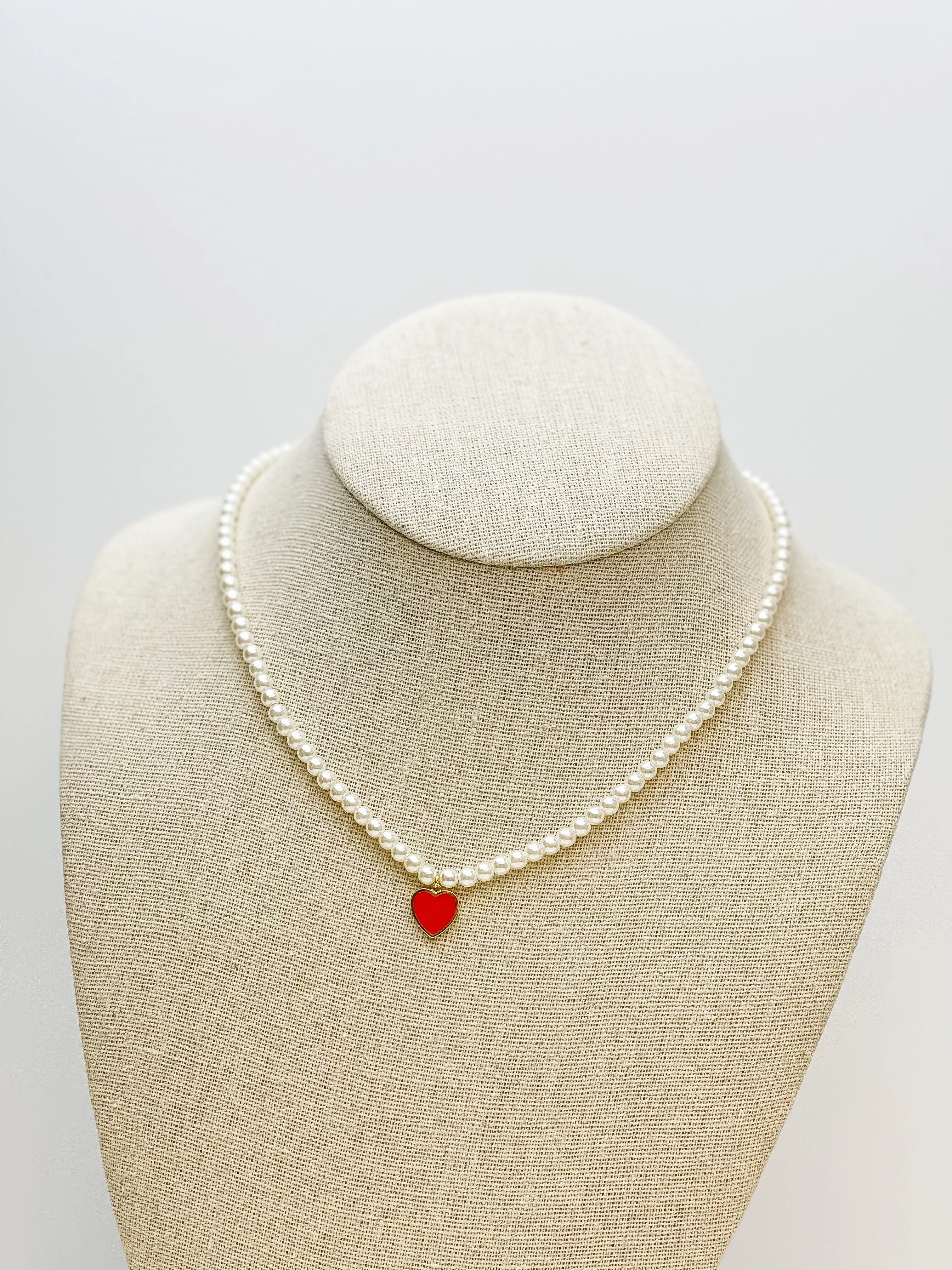 Pearl Bead Heart Charm Necklace - Red