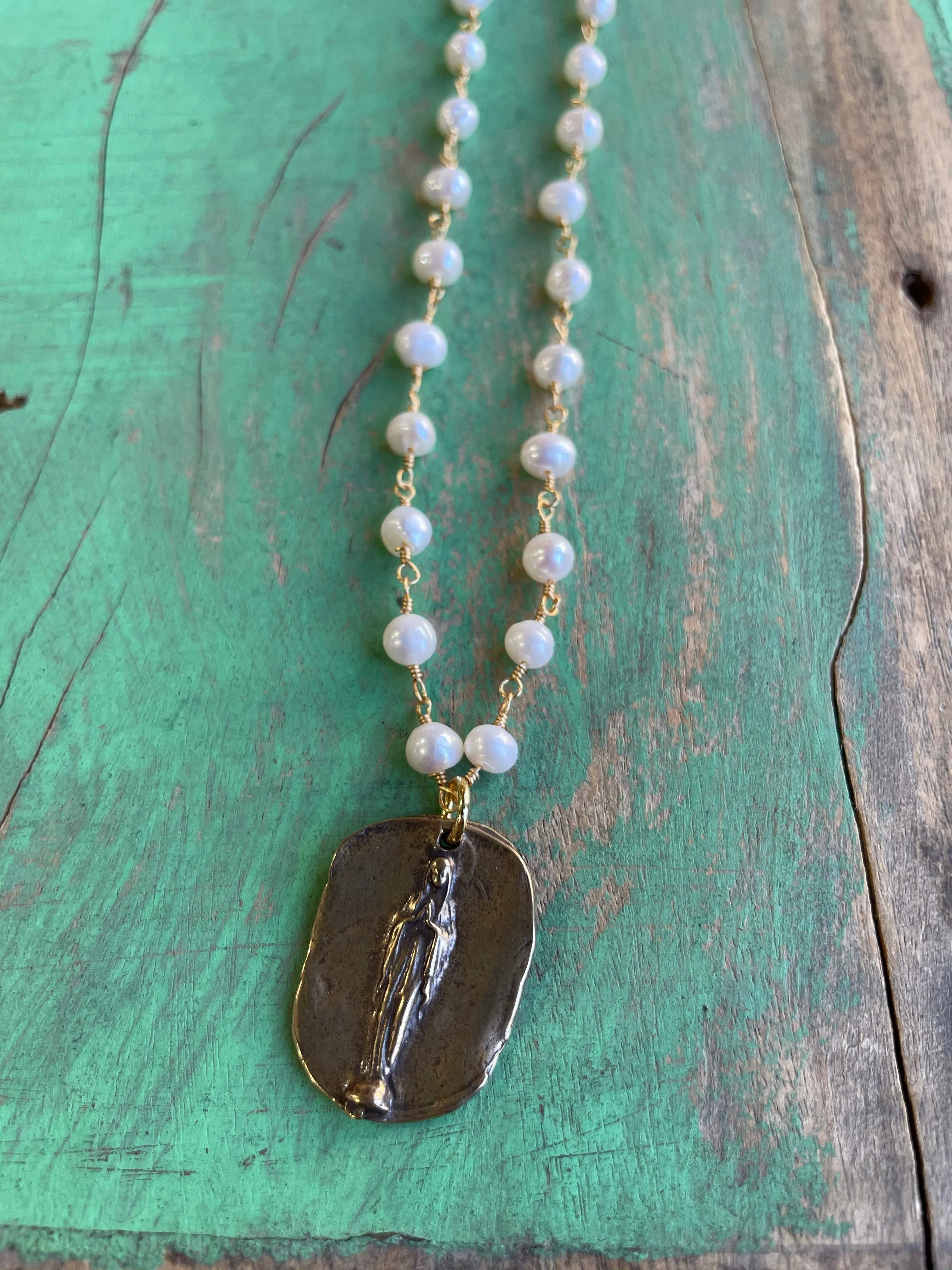 Pearl Bronze Mary Necklace