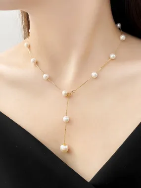 Pearl Necklace 2 in 1 Lariat and Short Choker Style Real Freshwater Pearls Natural Dainty Jewelry - KESLEY