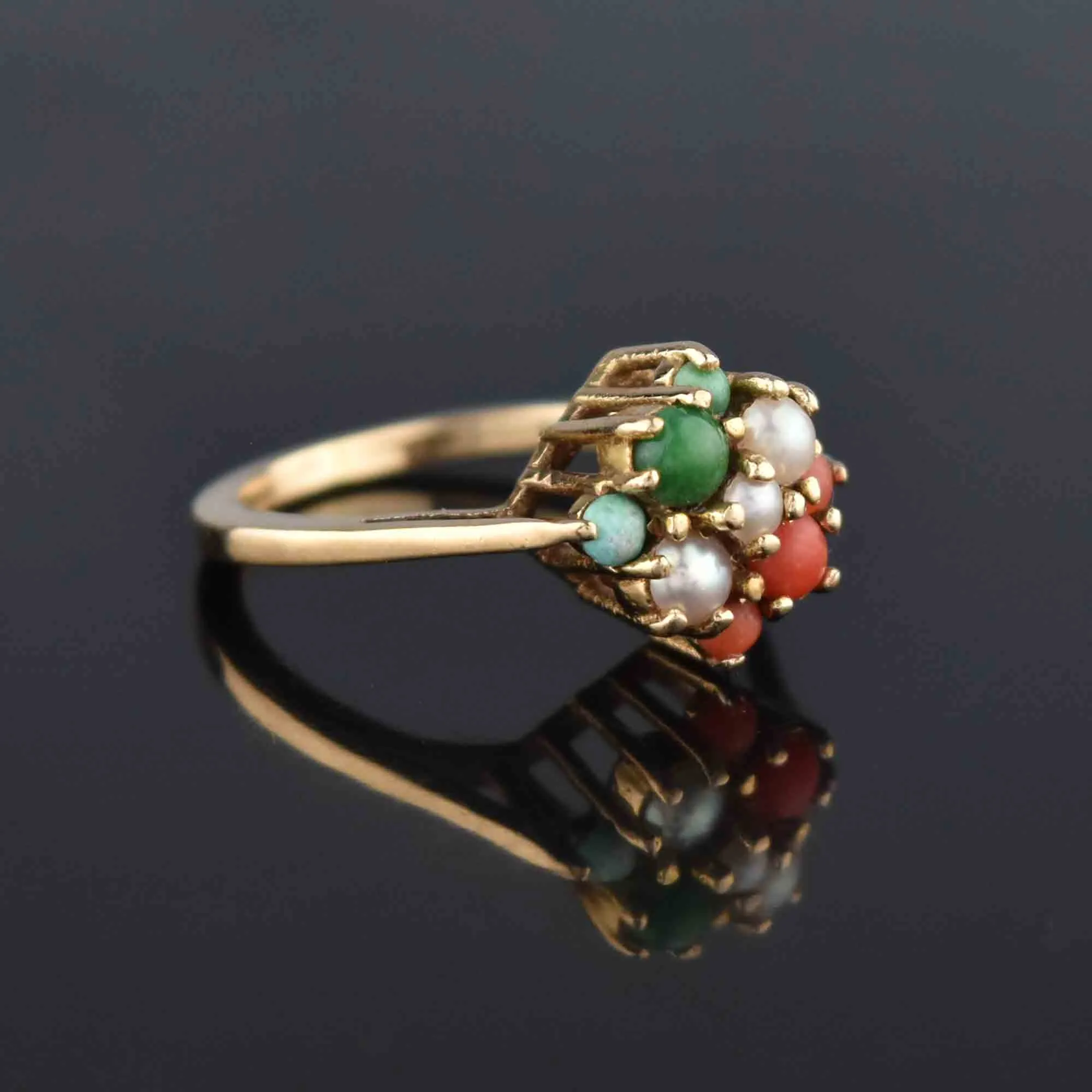 Pearl Turquoise Coral Cluster Ring in 14K Gold