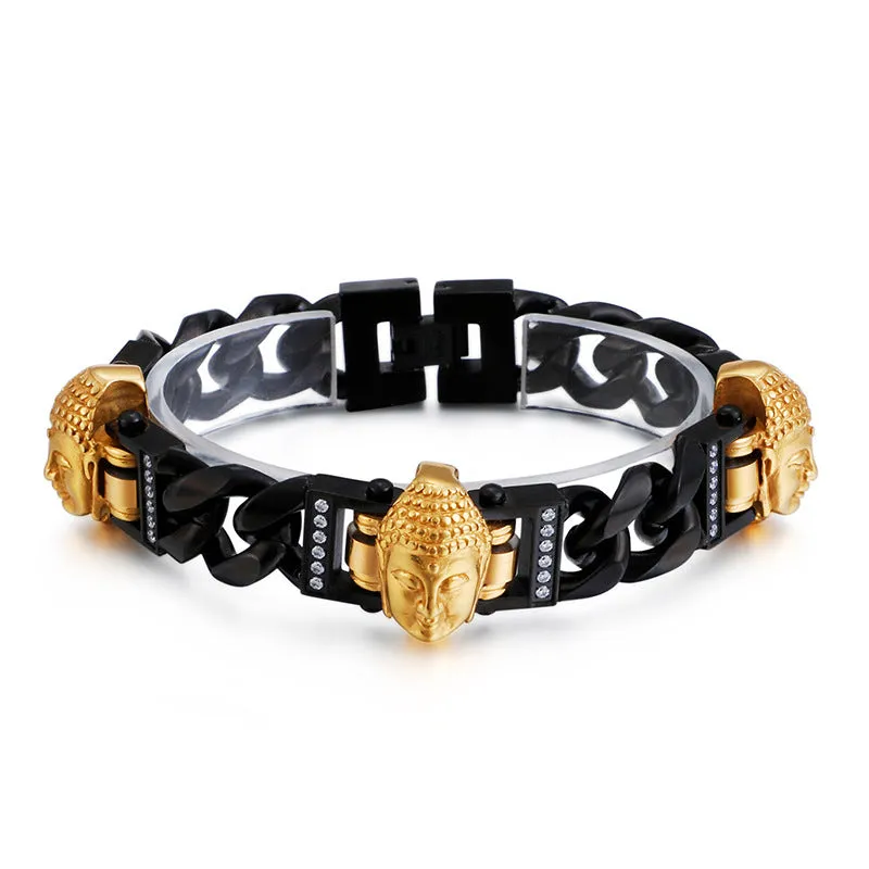 Personalized Men's Clasp Bracelet with Stainless Steel Buddha Head, Titanium Jewelry for Him