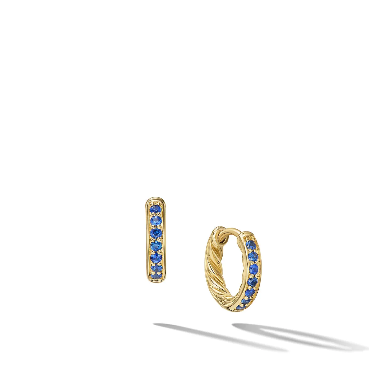 Petite Pave Huggie Hoop Earrings in 18K Yellow Gold with Blue Sapphires