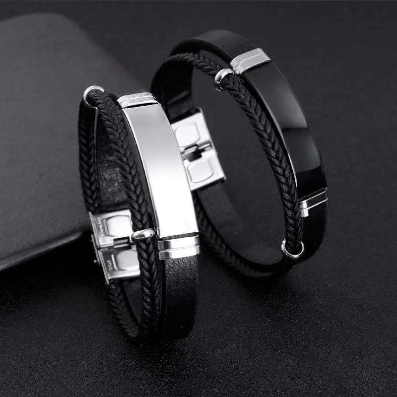 Punk Twist Double-Layer Leather Bracelet with Titanium Steel - Men's Urban Style