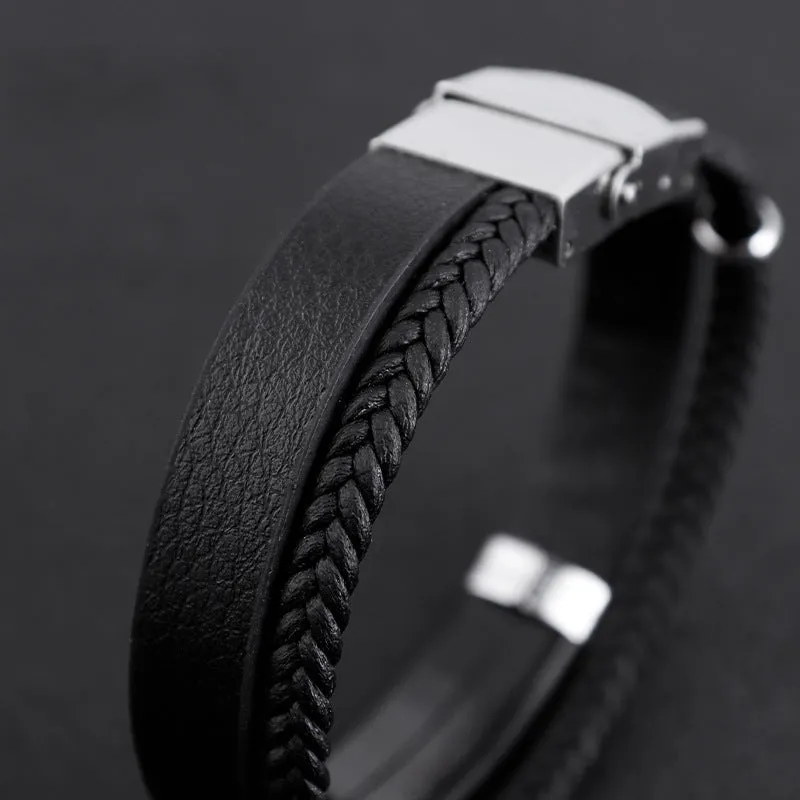 Punk Twist Double-Layer Leather Bracelet with Titanium Steel - Men's Urban Style